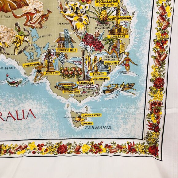 Vtg Australia Wall Hanging Linen Table Cloth Map Large 54" x 51" Kangaroo Floral - Picture 6 of 12